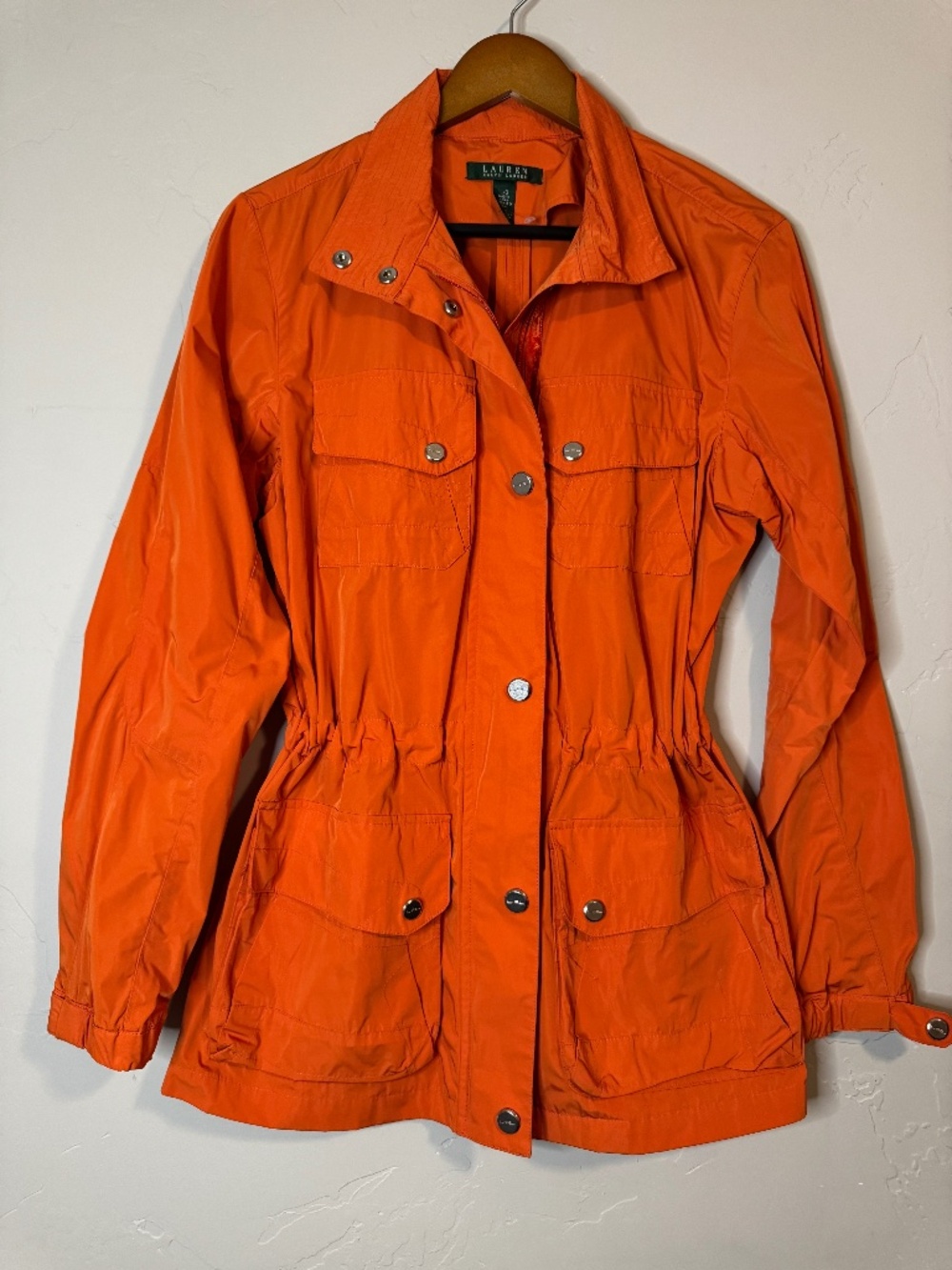 Ralph Lauren Orange Raincoat with Adjustable Waist, Size L